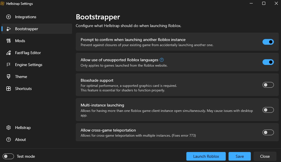 Hellstrap Bootstrapper Interface - Configure Roblox Launch Settings