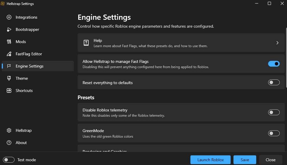 Hellstrap Engine Settings - Control Roblox Engine Parameters and Features